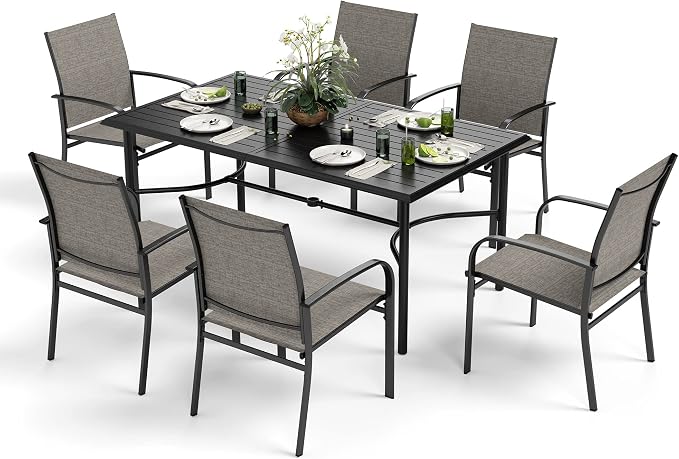 MIXPATIO 7-Piece Outdoor Dining Set 6 Brown Textilene Chairs and Steel Rectangle Table with 1.97” Umbrella Hole for Deck Garden Backyard Lawn Poolside