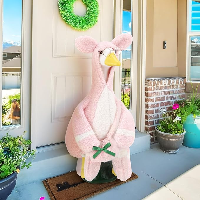 Easter Porch Goose Outfit, Bunny Goose Clothes Spring Lawn Porch Costume Fit 23" High Cement Plastic Gooses Statue for Easter Party Outdoor Patio Yard Decor