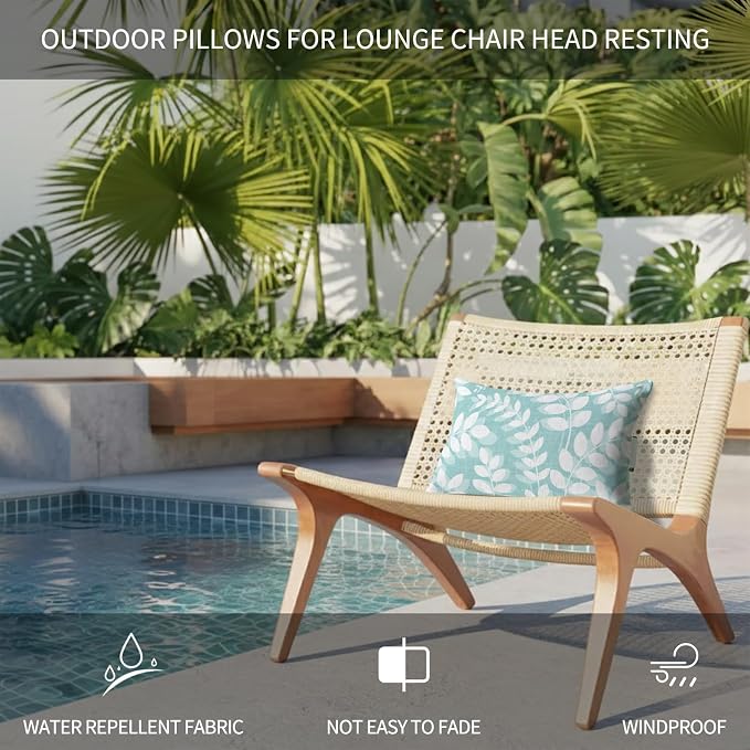 Outdoor Lumbar Pillow Set of 1, Pale Teal Leaves Waterproof Beach Headrest Pillow with Inserts, Farmhouse Botanical Branch Vintage Boho Leaf Recliner Throw Pillows for Patio Furniture, 12 x 20
