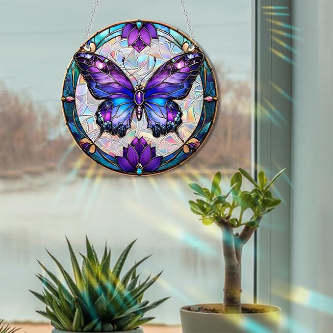 Acrylic Suncatcher Window Hanging, Butterfly Sun Catcher Rainbow Indoor Window Decoration for Living Room Bedroom Summer Home Balcony Ornaments, 7.87 inches