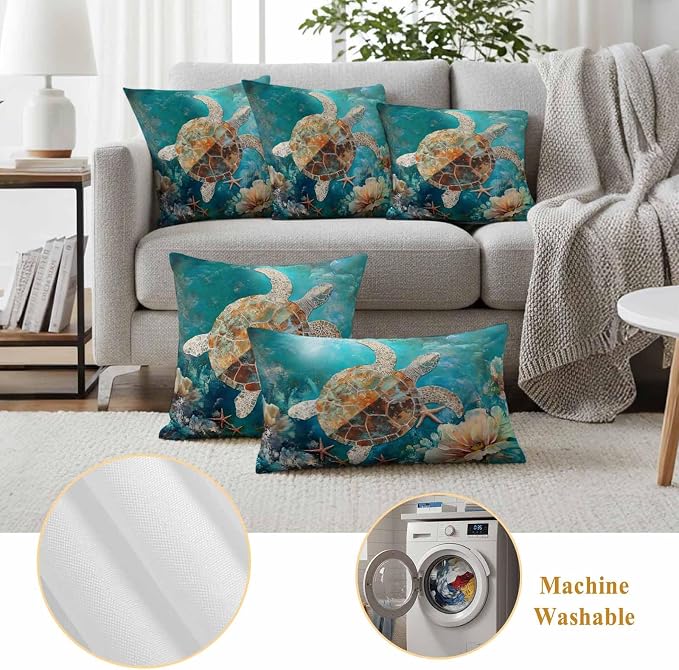Ocean Turtle Outdoor Waterproof Throw Pillow Covers Set of 2, 24"x24", Marine Life Retro Starfish Coral Abstract Decorative Pillow Covers Outside Cushion Case for Patio Porch Garden