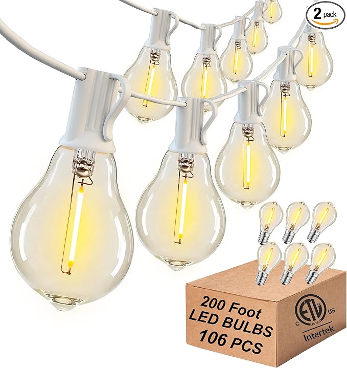 Outdoor String Patio Lights White 200FT Waterproof Lights for Wedding Party | 2FT Bulbs Spacing, 2x100FT Connectable White Outdoor Lighting with 105 Plastic Dimmable LED Bulbs for Backyard Bistro Balcony