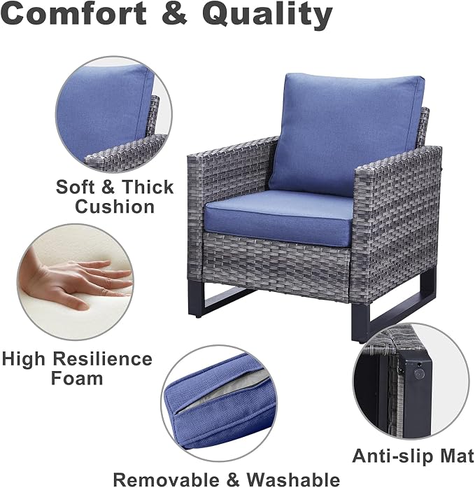 Belord Oversize Patio Chairs Set of 2 Outdoor Wicker Dining Chairs, All-Weather Rattan Patio Club Chair Furniture Sets with Water-Resistant Cushion Anti-Rust Frame Blue