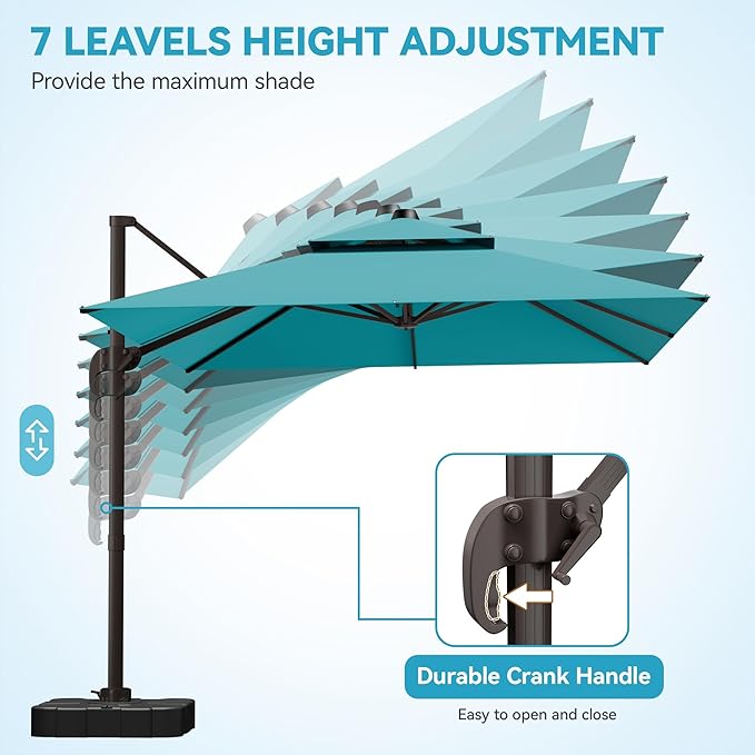 GENTEACO 9x12FT Cantilever Patio Umbrella, Double Top Rectangle Offset Umbrella 7 Angle Tilts & 360° Rotation, Large Heavy Duty Outdoor Sun Umbrella for Pool Market, Turquoise Blue
