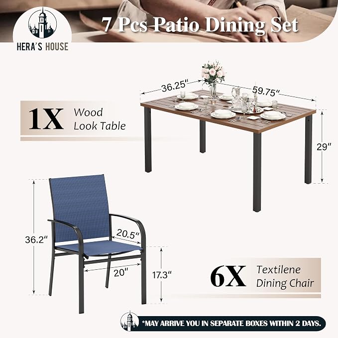 HERA'S HOUSE 7 Pieces Outdoor Dining Set, Wood-Grain Metal Table with Umbrella Hole, Patio Table and Chairs for Yard Garden Porch Poolside, Blue