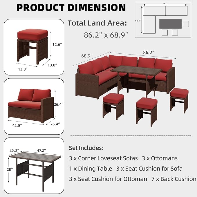AECOJOY Outdoor Patio Furniture Set with Waterproof Cover, 7 Pieces Clearance Sectional Rattan Dining Table&Chairs, All Weather Wicker Conversation Sofa Couch, Wine Red Cushions&Brown Rattan