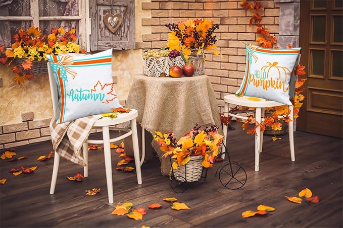 Jarrtinle Hello Pumpkin Fall Outdoor Throw Pillow Covers Waterproof 18x18 Maple Leaves Farmhouse Patio Cushion Cases Inch for Porch Couch Bench Set of 2 Thanksgiving Decorations