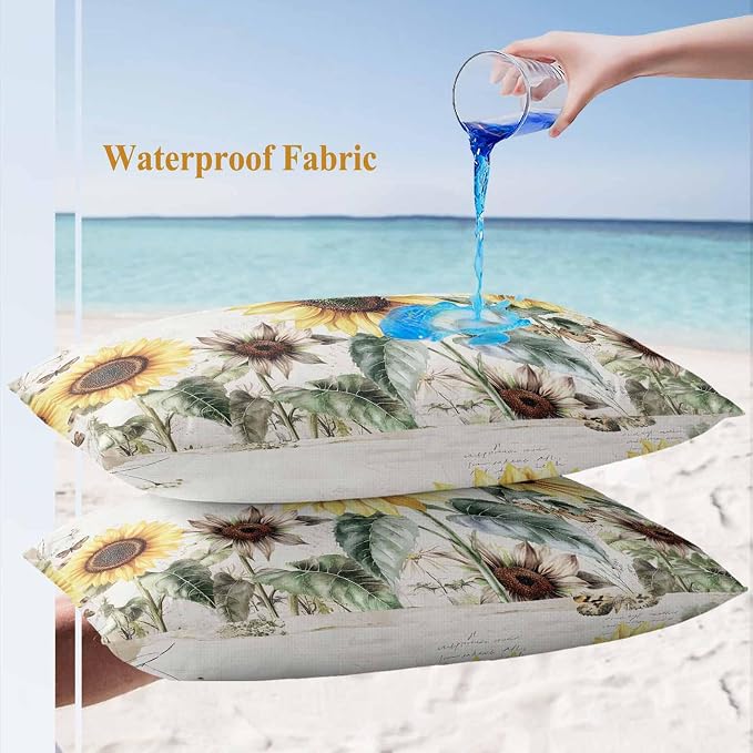 Vintage Yellow Sunflowers Outdoor Waterproof Throw Pillow Covers Set of 2, 20"x12", American Pastoral Style Decorative Pillow Covers Outside Cushion Case for Patio Porch Garden