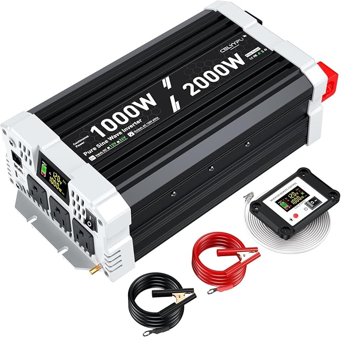 1000 watt Pure sine Wave Inverter, 12V DC to 110V AC Power Inverter, with 3 AC Output sockets, USB Port, Type-C Port, Remote Control with LCD Screen, Used for Solar Emergency Power Supply in RV Homes
