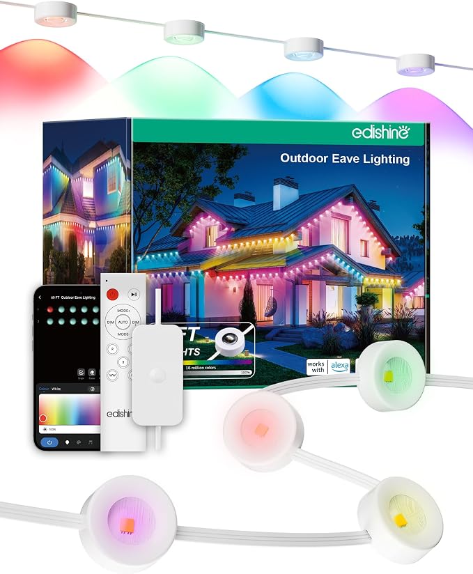 EDISHINE 60FT IP67 Waterproof Smart Outdoor Permanent Lights, RGBW | Voice/App/Remote Control, 50 Scene Modes, 2200K & 8000K, 50LM Each, LED Lights for Daily and Accent Lighting