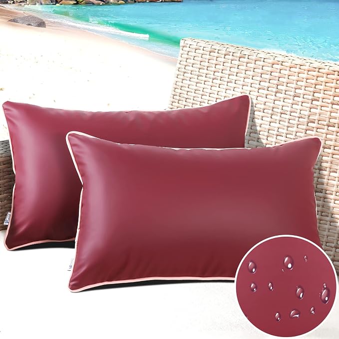 Set of 2 Leather Waterproof Lumbar Pillow Covers 12x20 Inch Fadeproof Outdoor Rectangle Pillowcase Durable Cushion Sham Decorative for Garden Patio Tent Balcony Bench Sofa, Burgundy