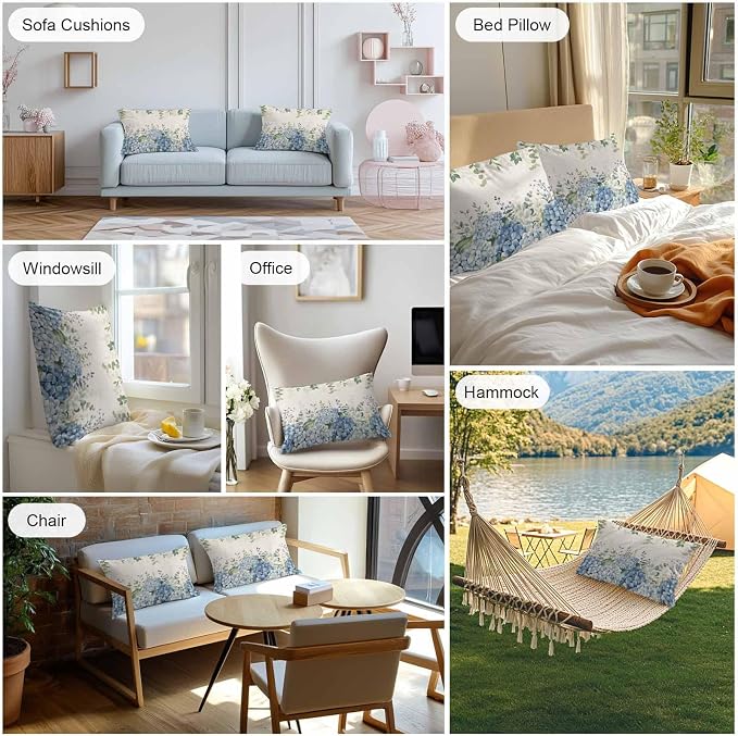 Hydrangea Flower Outdoor Throw Pillow Covers Waterproof Eucalyptus Pillow Cases 16x16in,Green Leaf Retro Linen Decorative Boho Pillow Covers Cushion Cases for Couch Sofa Patio Garden 2 Pack