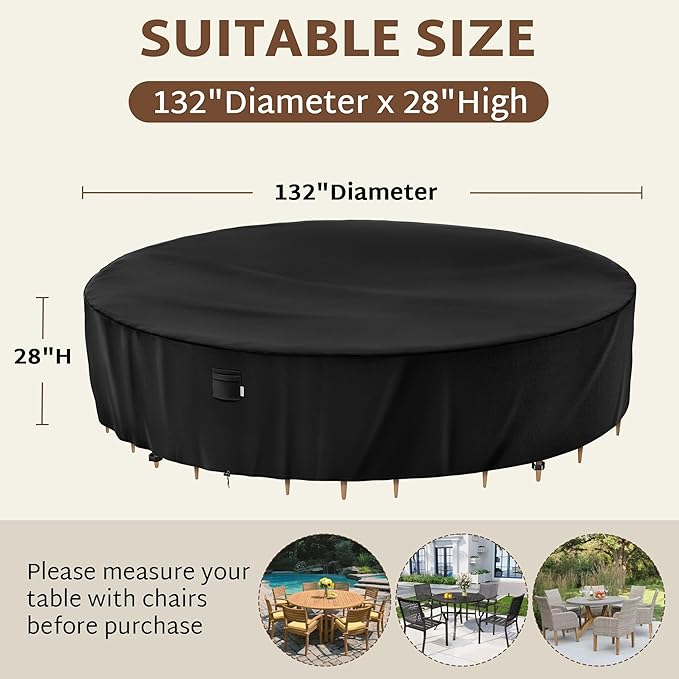 iBirdie Extra Large Round Patio Furniture Cover 132 x 28 inch, 11 ft, Outdoor Waterproof and Weatherproof for Garden Table and Chairs, Heavy Duty 600D, fit 132, 130 Diameter