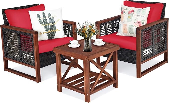 Tangkula 3 Pieces Patio Wicker Furniture Set, Rattan Outdoor Sofa Set w/Washable Cushion & Acacia Wood Coffee Table, Conversation Bistro Set for Garden Balcony Backyard (Red)