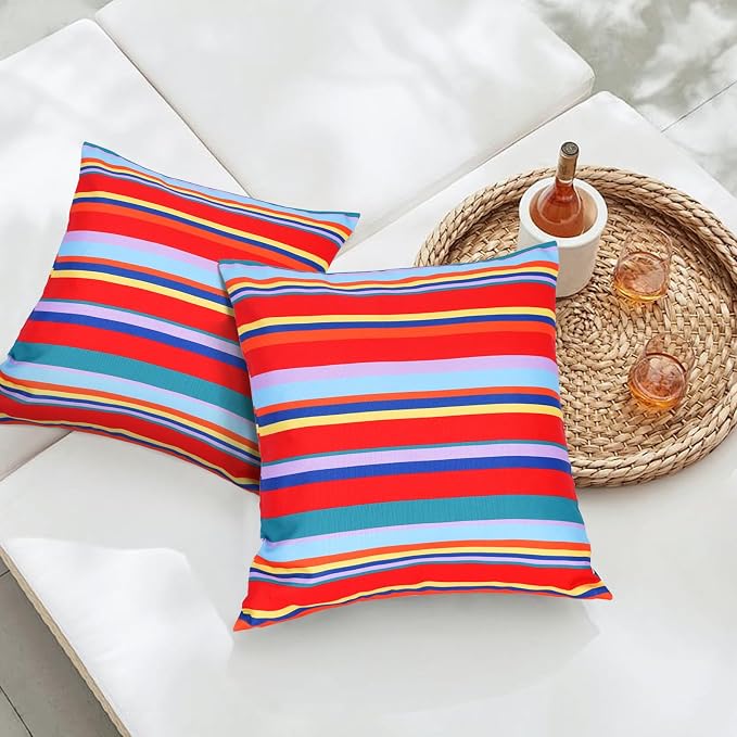 Eternal Beauty 18X18'' Set of 2 Outdoor Decorative Pillow Covers Waterproof Outdoor Pillow Covers for Spring Summer Patio Throw Pillows, Red Stripe, 18X18 inches