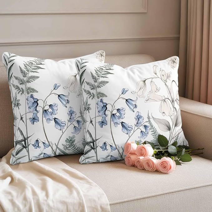 Throw Pillow Covers 18x18 Inch Set of 2, Blue Beige Floral Waterproof Outdoor Pillow Covers, Farmhouse Botanical Decorative Cushion Pillowcases for Couch, Sofa, Bed, Garden, Patio