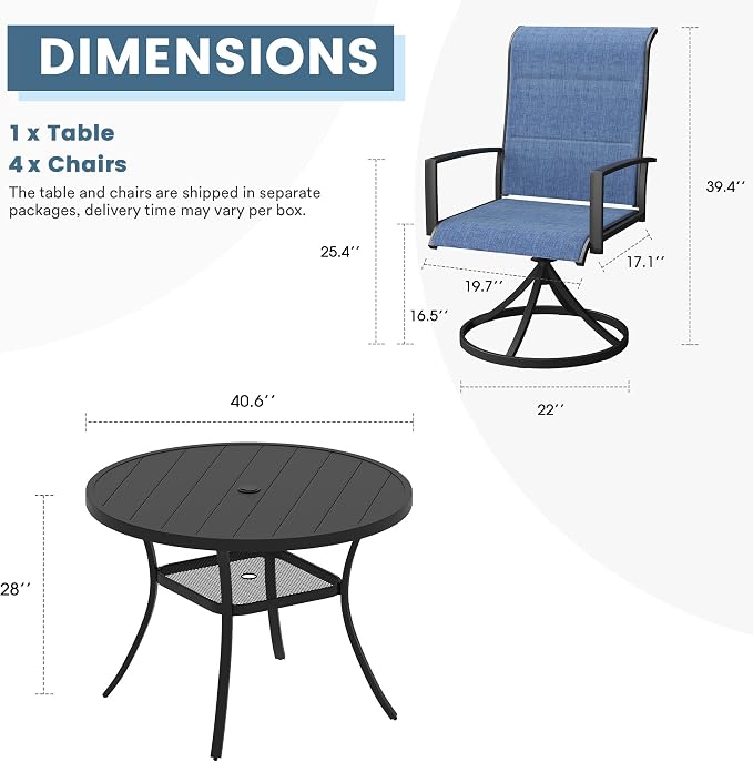 DIFY 5 Piece Outdoor Patio Dining Set for 4, 40.6" Black Round Metal Dining Table and Swivel Patio Chairs with Blue Padded Textilene, All-Weather Outdoor Furniture Set for Garden Backyard Porch