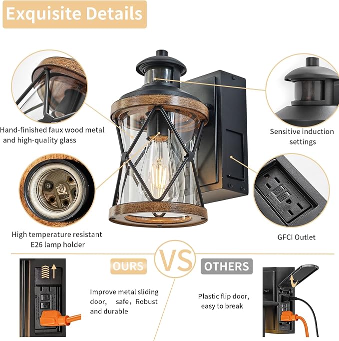 Dusk to Dawn Motion Sensor Outdoor Porch Light with GFCI Outlet,3 Lighting Modes Anti-Rust Waterproof Industrial Outdoor Lantern,Exterior Work lights Rustic Wood-Like Finish Wall Light (Brown, 1 Pack)