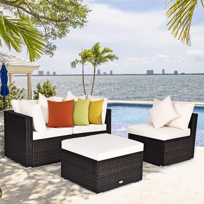 Tangkula 4 PCS Patio Rattan Sofa Set, Outdoor Wicker Sectional Furniture Set, Patio Conversation Set with Removable Cushions & Pillows for Backyard Porch Garden Poolside Balcony (White)