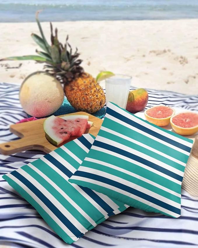 Outdoor Waterproof Throw Pillow Covers Set of 2 Navy Blue Turquoise Stripes Decorative Outdoor Pillows Cushion Case 26x26 Inch Teal Striped Patio Pillows for Couch Sofa Bed Garden Office Home Decor