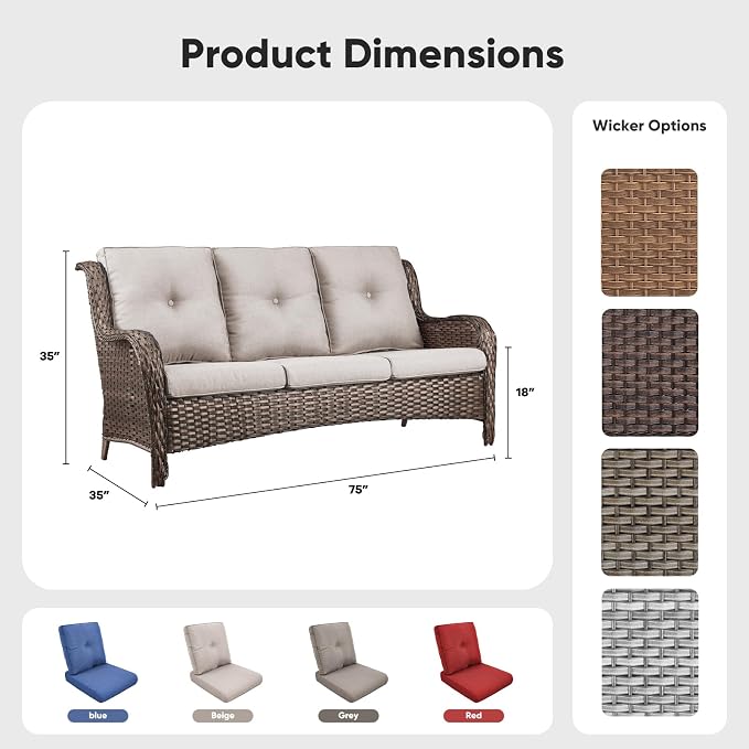 Belord Patio Sofa Luxury PE Wicker 3-Seater Outdoor Couch, Modern All-Weather High Back Deep Seat Woven Furniture Set for Porch, Deck, Balcony, Backyard - Brown/Beige