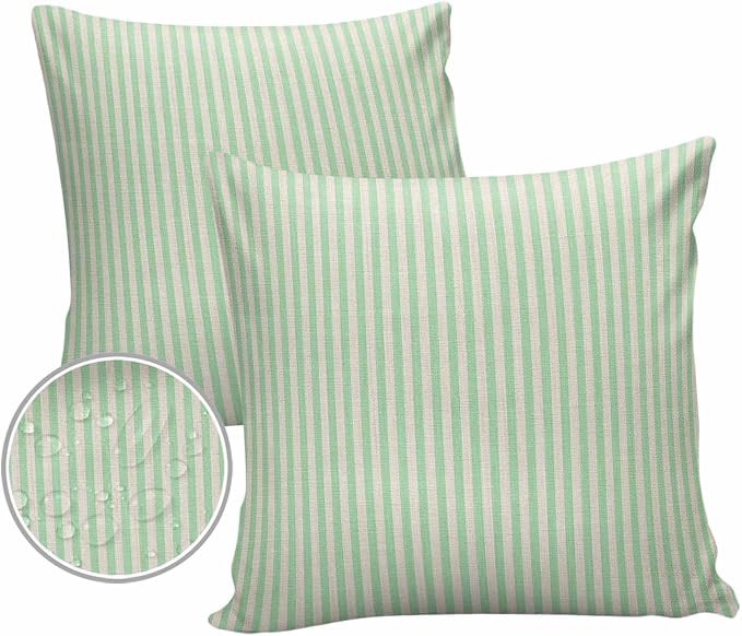 Outdoor Waterproof Throw Pillow Covers Set of 2 Green Stripes Pillowcases 20x20 Inches Linen Classic Vertical Striped Patio Decorative Pillows Cushion Case Patio Pillows for Couch Bed Chair Garden