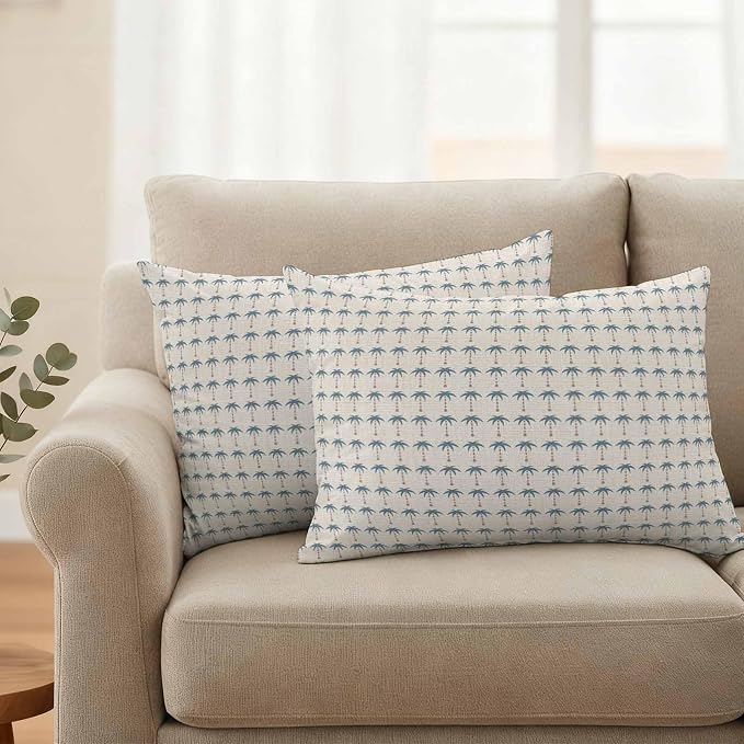 Palm Trees Outdoor Pillow Covers 20"x12" Set of 2, Summer Vintage Nautical Coastal Beach Ocean Blue Tree Waterproof Throw Pillow Covers for Patio Furniture, Decorative Cushion Covers for Porch