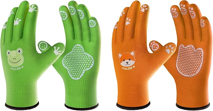 COOLJOB Breathable Toddler Work Gloves for Gardening Boy Girl Ages 6-9 Large, Nylon Kids Garden Gloves with Grip, Children Yard Gloves for Digging Weeding Landscaping, Green & Orange, 2 Pairs