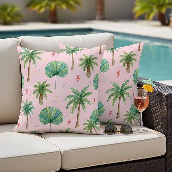 Yukro Tropical Palm Tree Outdoor Waterproof Pillow Covers Pack of 2, Lightning Summer Pink Boho Throw Pillowcases Decorative Cushion Covers for Garden Patio Tent Sofa Couch, 24x24 inch