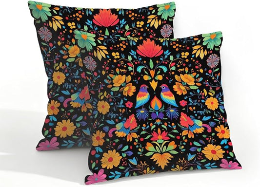 18x18 Inch Outdoor Pillow Covers Set of 2 Waterproof Throw Pillow Covers Decorative Couch Cushion Covers Mexican Birds Flower Square Pillowcases Protectors for Patio Garden Sofa