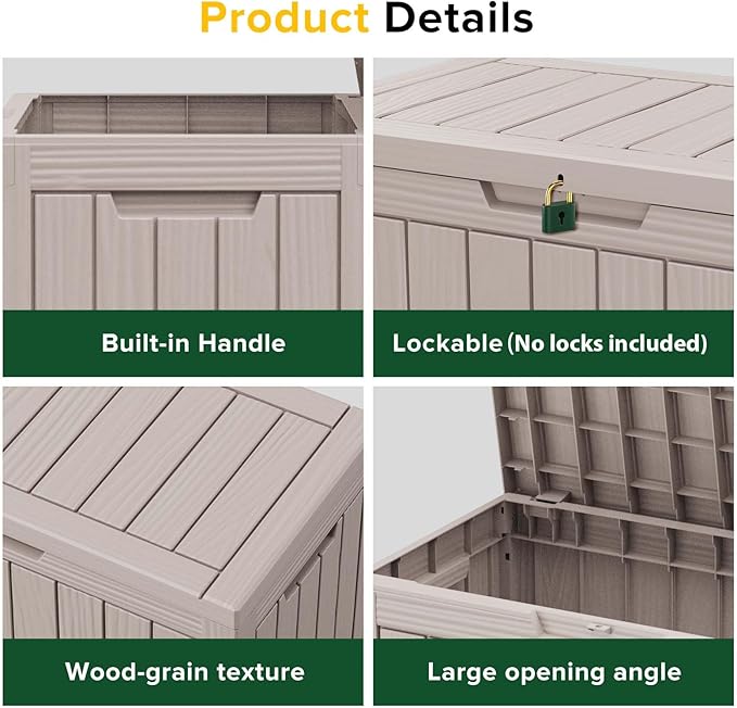 EasyUp 45 Gallon Outdoor Storage Box Waterproof, UV Resistant Deck Box Outdoor, Lockable Resin Deck Boxes for Garden Tools Equipment and Cushions, Gray