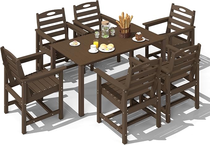 Domi HDPE Outdoor Dining Set, All-Weather 7 Piece Outdoor Dining Table Set with 2" Umbrella Hole, Outdoor Patio Dining Set for Garden, Poolside, Backyard, Deck, Brown