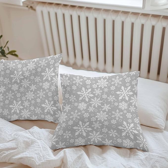 Outdoor Waterproof Throw Pillow Covers, Merry Christmas and Happy New Year Winter Snowfalke Geometric Pattern Gray Pillowcases Cushion Covers Cases for Patio Couch Bench, Pack of 2 Square, 16X16 Inch