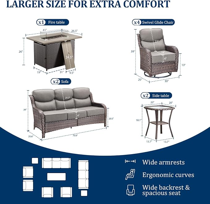 Luxury Swivel Rocker Chairs Fire Pit Set with 6" Thick Cushion 9 piece Wicker Outdoor Patio Chair with Sofa and Side Table,Comfortable High Back Outdoor Patio Furniture Set - Brown | Gery