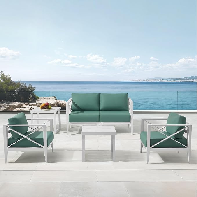 Outdoor Aluminum Patio Furniture Set, 4-Seats Patio Conversation Sofa Set with 2 Coffee Table, All Weather for Pool, Balcony, Garden-White