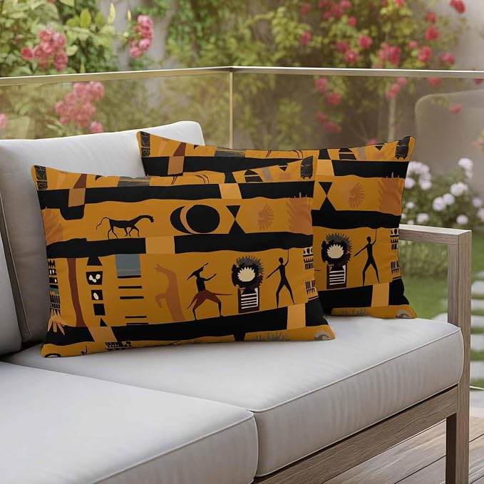 Outdoor Pillow Covers Waterproof, African Ethnic Decorative Rectangle Throw Pillowcases Patio Cushion Covers for Tent/Garden, 20" x 12" 2 Pack, Vintage Ethnic Tribes Richness Brown