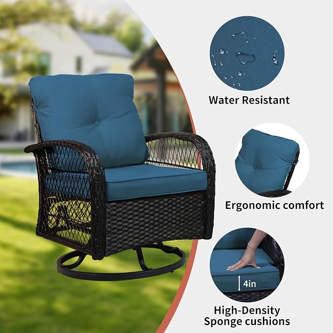 SHGJ&SOFT 3 Piece Patio Furniture Set, 2 Outdoor Swivel Rocking Chairs with Side Table, Wicker Glider Chairs, All-Weather Rattan Bistro Set for Porch, Deck, Pool (Blue, Brown Open-Weave Rattan)