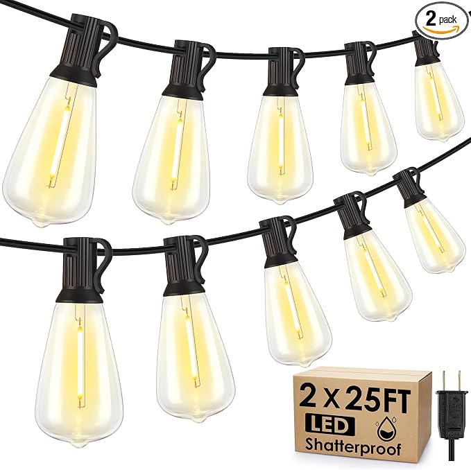 50FT(2x25FT) Outdoor String Lights, Patio Lights with 20+2 LED Dimmable Waterproof ST38 Vintage Bulbs for Backyard Bistro Cafe Deck, Black
