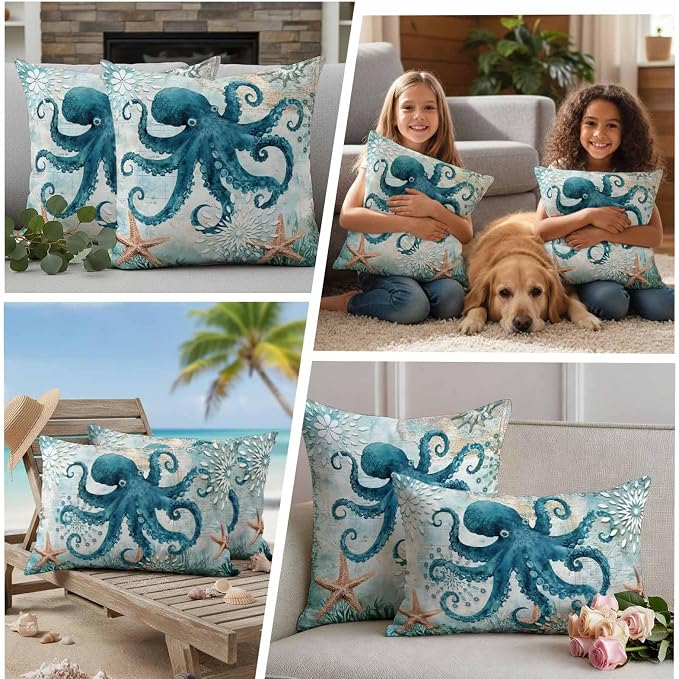 Ocean Creature Outdoor Waterproof Throw Pillow Covers Set of 2, 24"x24", Eight Pawfish Corals Sea Stars Decorative Pillow Covers Outside Cushion Case for Patio Porch Garden