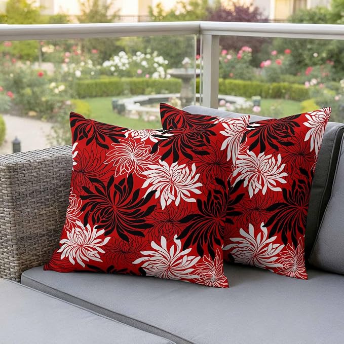 Yukro Red Black Floral Outdoor Waterproof Pillow Covers Pack of 2, Vintage White Black Flower Red Decorative Throw Pillowcases Cushion Covers for Garden Patio Tent Sofa Couch, 20x20 inch
