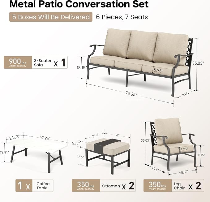 SUNSHINE VALLEY Patio Furniture Set, Modern Metal Outdoor Patio Furniture, 3 Seater Sofa, 2 Single Chairs, 2 Ottomans, Coffee Table and 5.75" Extra Thick Cushion, Patio Conversation Set for Backyard