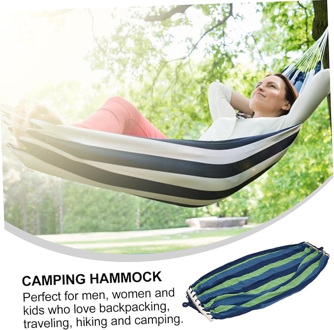 Portable Outdoor Travel Hammock Striped Canvas Swing Bed Lightweight Breathable Easy Assembly for Camping Beach Backyard Use