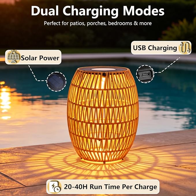 Solar Outdoor Side Table, Boho Handwoven Drum Rattan, 12.8" D x 16.9" H | 3-Color Temperature Light, Patio End Table, Dusk to Dawn Auto Sensor, IP65 Waterproof, For Porch Balcony Garden