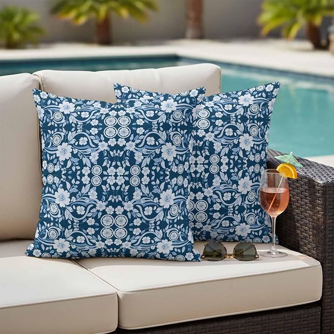 Navy Blue Floral Outdoor Pillow Covers 16x16 Inch Throw Pillow Covers Set of 2 Waterproof Decorative Pillow Cases Vintage Pastoral Botanical Leaves Cushion Covers for Patio Furniture Garden Couch Sofa