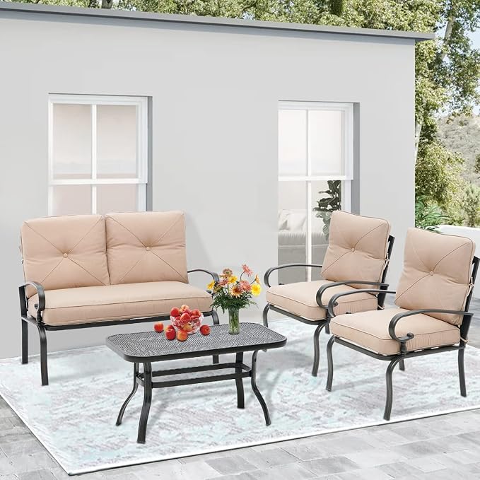 SUNCROWN 4 Pieces Outdoor Metal Furniture Patio Conversation Set Loveseat, 2 Dining Chairs and Coffee Table for Lawn Front Porch Garden, Brown Cushions