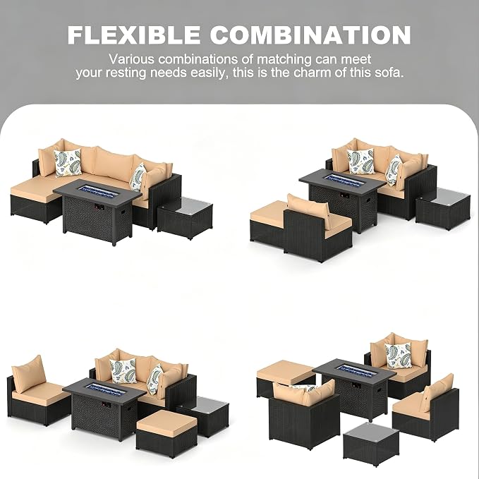 5 Piece Patio Furniture Sets, Outdoor Patio Set Sectional Sofa, All-Weather PE Rattan Couch with Cushion, Glass Table for Gatherings, Parties, Sports Viewing (Khaki, 6-Piece Fire Pit Table Set)