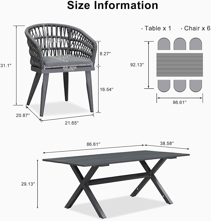 PURPLE LEAF Outdoor Dining Set All-Weather PE Rattan Patio Dining Furniture Set with All Aluminum Frame Rectangular Table and 6 Chairs Set for Lawn Garden Backyard Deck, Grey