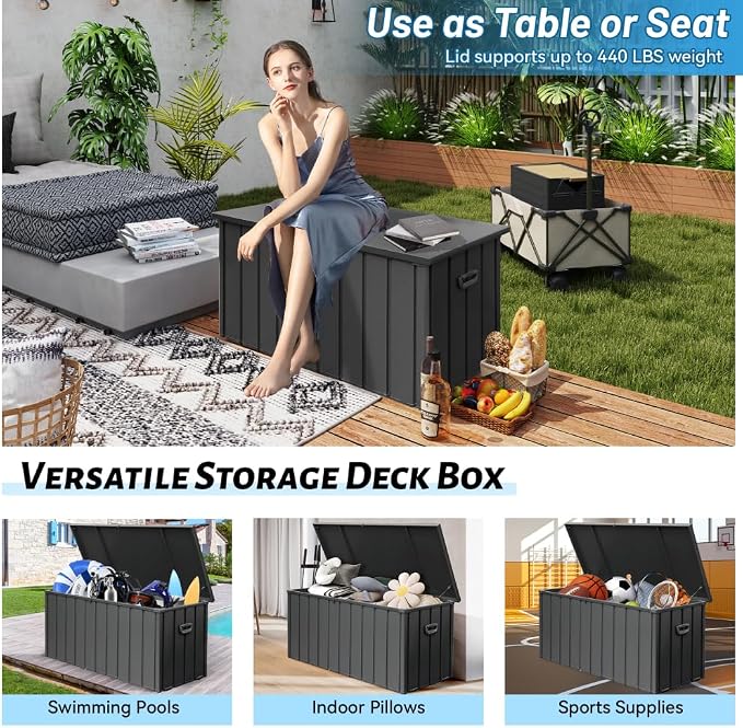 160 Gallon Waterproof Outdoor Deck Box Storage Chest in Dark Gray, Large Capacity Patio Storage for Garden Tools, Cushions, and More (100 Gallon (Dark Gray) + Waterproof Storage Bag)
