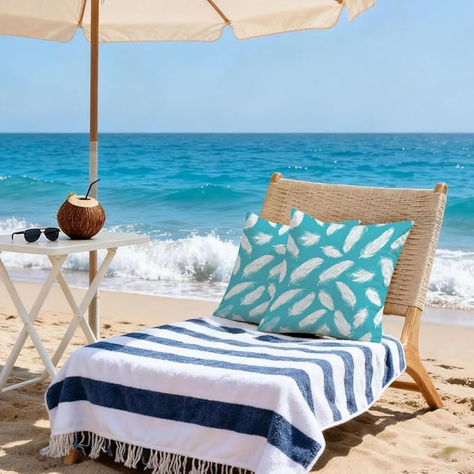 20x20 Inch Outdoor Pillow Covers Set of 2 Waterproof Throw Pillow Covers Decorative Couch Cushion Covers White Feather Pattern Square Pillowcases Protectors for Patio Garden Sofa