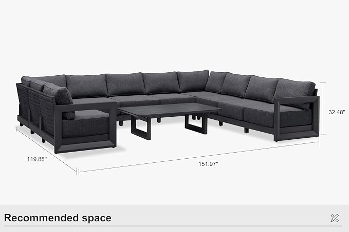PURPLE LEAF Patio Furniture Set U-Shaped Outdoor Couch with 9.6" Thick Cushion and Soft Pillows 11 Piece Outdoor Sectional Sofas with Table Modern Patio Conversation Sets for Yard Porch Deck, Grey